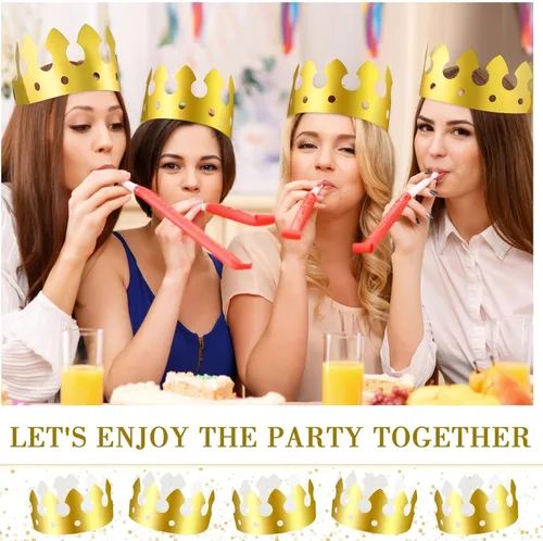 Miniatura 5 de Crtiin 100 piezas de coronas de papel doradas para fiesta de cumpleaños a granel para adultos, estudiantes de aula, suministros de sombrero, regalos