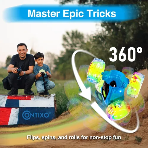 Miniatura 3 de Contixo SC3 RC Stunt Car, azul 2.4GHz 4WD doble cara giratoria 360° flip Racer control remoto auto de juguete con luces LED para niños y niñas de 4