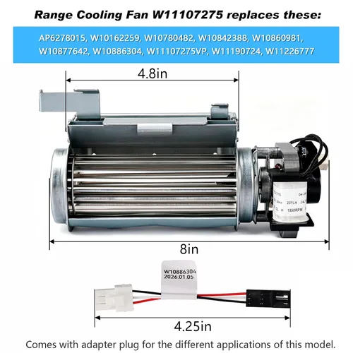 Miniatura 4 de Ventilador de refrigeración W11107275 repuesto Whirlpool, horno de rango JennAir y KitchenAid, pieza de repuesto del motor del ventilador W10162259
