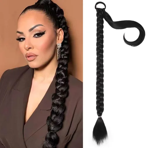 Miniatura 23 de Extensiones de cola de caballo trenzada de 20 pulgadas de largo para mujer, extensiones de cabello lacio envolvente con banda para el cabello, cola