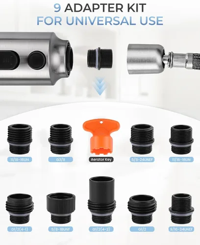 Miniatura 3 de Cabezal de Rociador de Grifo Extraíble de Reemplazo, Níquel Cepillado Boquilla de Pulverización Extraíble de 3 Funciones con 9 Adaptadores