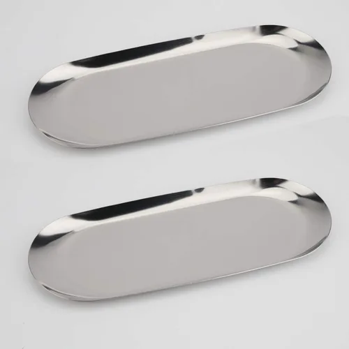 Miniatura 7 de Fermus Bandeja decorativa de acero inoxidable, juego de 2, 9 pulgadas de largo, organizador de cosméticos para joyas, bandeja de almacenamiento