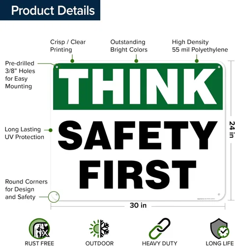 Miniatura 6 de Think Safety First Sign, 24 x 30 pulgadas, HDPE de 55 mil de grosor (polietileno de alta densidad), fabricado en Estados Unidos por My Sign Center