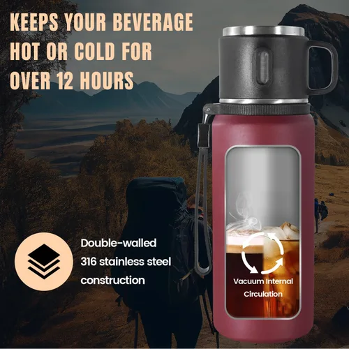 Miniatura 6 de Botella aislada de acero inoxidable, 27 onzas con taza, botella de agua aislada al vacío, termo para bebidas calientes/bebidas frías, viaje con Rojo