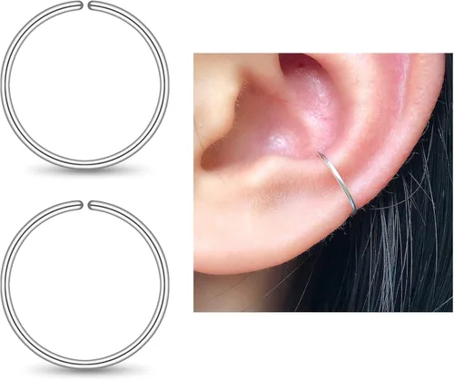 Miniatura 14 de Pequeños aretes de aro huggie de oro o plata de ley para mujeres y niñas, cartílago, nariz, hélix, tragus