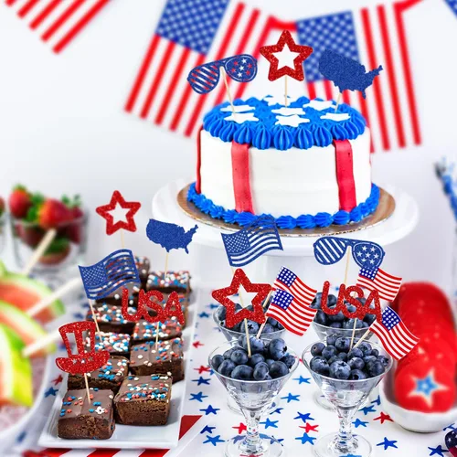 Miniatura 5 de Gyufise 24 adornos para cupcakes del Día de la Independencia con mapa de la bandera de Estados Unidos, patrióticos para cupcakes del 4 de julio, Día
