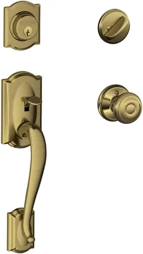 SCHLAGE Camelot - Juego de manijas de un solo cilindro y perilla georgiana, latón antiguo (F60 CAM 609 GEO)