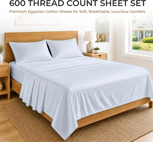 Miniatura 2 de SGI bedding Juego de sábanas de 600 hilos de 4 piezas, 100% algodón egipcio, tamaño King, con bolsillo profundo de 15 pulgadas, sábanas de lujo 16