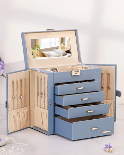 Miniatura 45 de Homde Regalos de Navidad de cuero sintético, enorme joyero, organizador de reloj con espejo, collar, anillo y aretes, estuche de regalo con Dorado