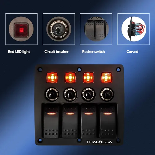 Miniatura 3 de Panel de interruptor basculante precableado de 4 bandas, impermeable, 12 V 24 V con fusible, interruptor de circuito con indicador LED rojo de 3