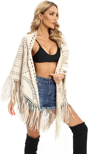 Miniatura 3 de Datangep Fashion - Bufanda de gamuza sintética para mujer, corte láser, triángulo, estolas, capa con chales de borla