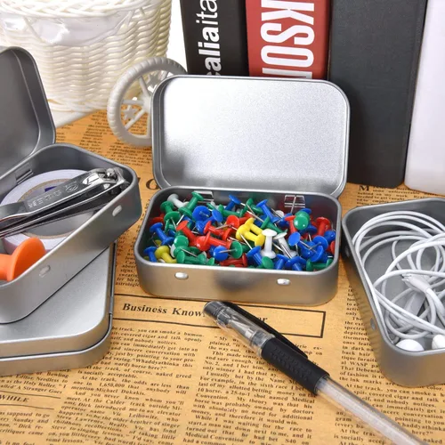Miniatura 6 de Aybloom Latas rectangulares de metal vacías con bisagras – Paquete de 40 mini recipientes portátiles plateados kit de almacenamiento pequeño