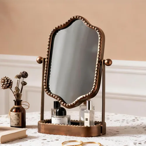 Espejo de maquillaje vintage con bandeja, espejo de tocador de mesa antiguo giratorio de 360° con soporte, espejo de tocador de escritorio retro de