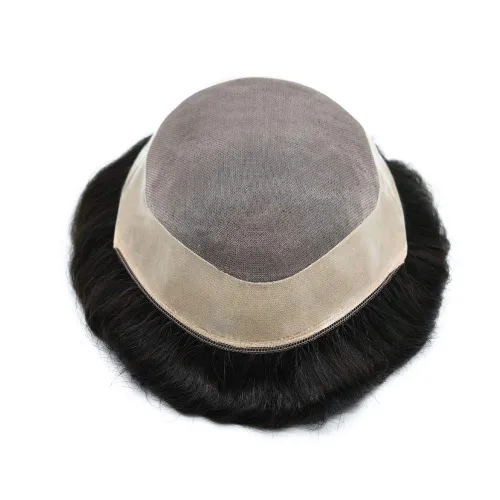 Miniatura 2 de Peluca monofilamento de monofilamento para hombre con revestimiento de poliéster alrededor del sistema de reemplazo de cabello humano duradero NPU