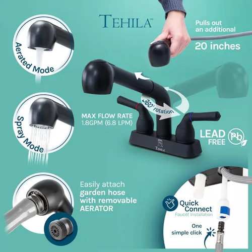 Miniatura 7 de Tehila - Fregadero independiente de doble ancho con patas de acero y grifo extraíble negro, multiusos, resistente para lavandería y fregadero de Gris