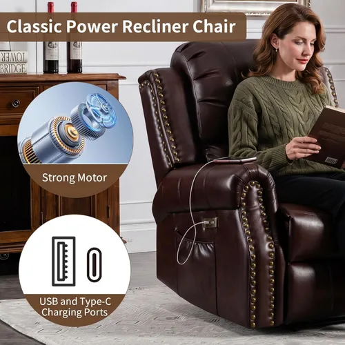Miniatura 6 de HAOMARKETS Silla reclinable eléctrica clásica con masaje y calor, sillón reclinable eléctrico de piel sintética transpirable con puerto USB, sofá