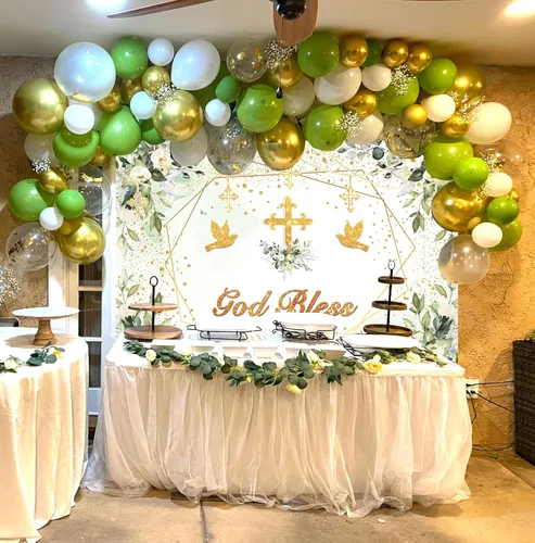 Miniatura 8 de Fondo verde y dorado para bautizo, decoración de fiesta de primera comunión, fondo de fotografía de bautizo, 7 x 5 pies (82 x 59 pulgadas)