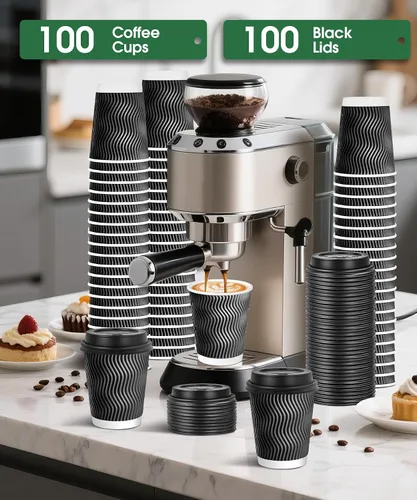 Miniatura 2 de Paquete de 100 Tazas de Café Desechables de 8 oz con Tapas, Tazas de Café Aisladas Gruesas Para Llevar para Bebidas Calientes/Frías, Tazas de Pared