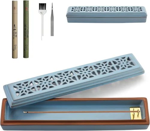 Miniatura 13 de CEREMONY Soporte de incienso para palos, quemador de incienso de cerámica con 60 varillas de incienso para salvia Palo Santo, soporte resistente al