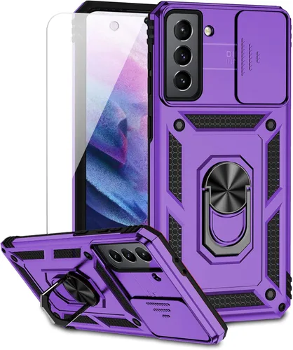 Miniatura 14 de Funda para Samsung Galaxy S21 FE 5G con cubierta para lente de cámara, protector de pantalla HD, soporte de anillo magnético con función de soporte
