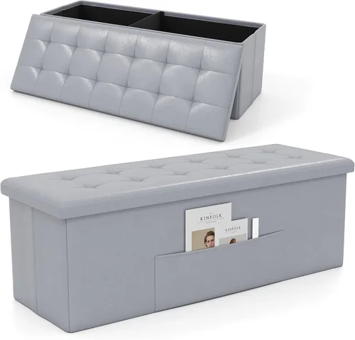 Miniatura 11 de Banco otomano plegable de almacenamiento de 43 pulgadas, taburete plegable para pie de cama con bolsillo lateral, baúl de almacenamiento para sala