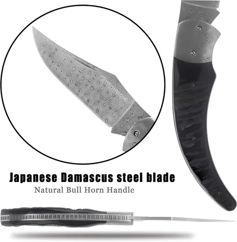 Miniatura 3 de YOUSUNLONG Navaja de bolsillo – Cuchillo plegable – Total 8.071 in – Hoja de acero de Damasco japonés – Mango de cuerno de búfalo negro natural