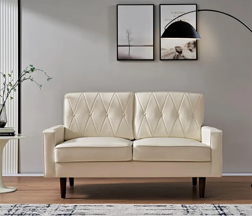 Miniatura 2 de Container Furniture Direct Sofá biplaza de piel sintética de estilo moderno con elegantes patas redondas cónicas y respaldo copetudo con botones