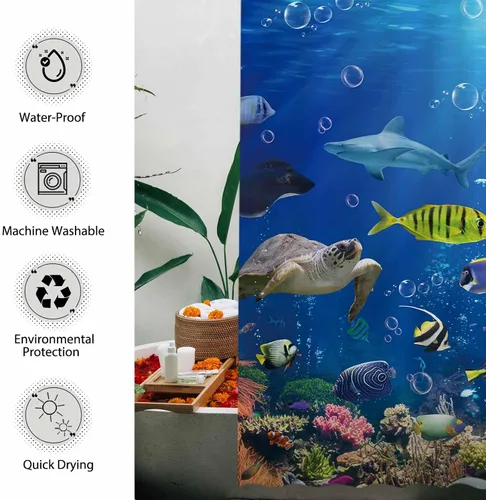 Miniatura 4 de Allenjoy Cortina de ducha de 72 x 72 pulgadas, diseño de pez oceánico, tortuga tropical, tiburón, para decoración de baño, lavable a máquina
