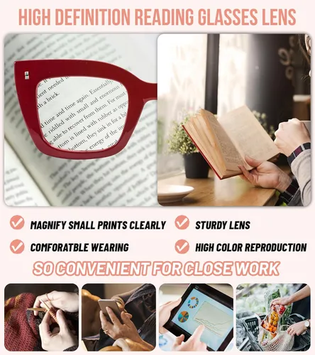 Miniatura 5 de Gafas de lectura de gran tamaño para mujer, lectores gruesos de ojo de gato con bisagras de resorte 1.0 1.25 1.5 1.75 2.0 a 4.0 A Rojo