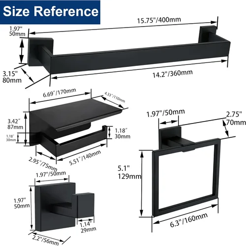 Miniatura 7 de Juego de 5 piezas de accesorios de ferretería para baño en negro mate, juego de toalleros cuadrados de 16 pulgadas para baño, juego de barras
