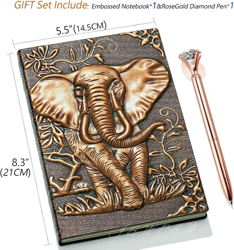 Miniatura 2 de Diario de Cuero Vintage con Elefante 3D con Juego de Bolígrafos, Libreta Diaria de Cuero Antiguo Hecha a Mano, Cuaderno de Bocetos, Diario de Viaje
