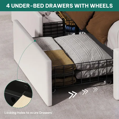 Miniatura 6 de YITAHOME Base de cama tamaño King con 4 cajones de almacenamiento y luces LED RGB, cama tapizada de terciopelo de 57 pulgadas de alto con estación