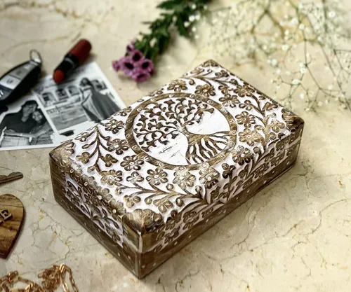 Miniatura 11 de Gran regalo de cumpleaños y inauguración de la casa, joyero de madera decorativo hecho a mano con talla del árbol de la vida, organizador, recuerdo