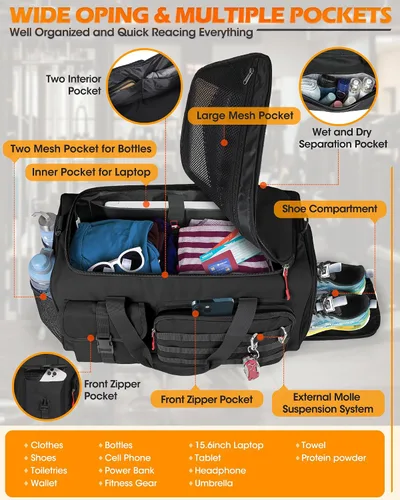 Miniatura 4 de RAINSMORE Bolsa de gimnasio para hombres, bolsa de viaje deportiva de 45 litros con compartimento para zapatos y laptop, mochila de entrenamiento