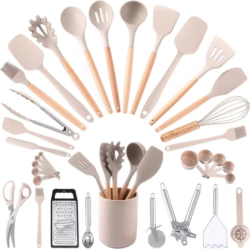 Juego de utensilios de cocina de 34 piezas, utensilios de cocina de silicona con asas de madera, resistentes al calor, antiadherentes, juego