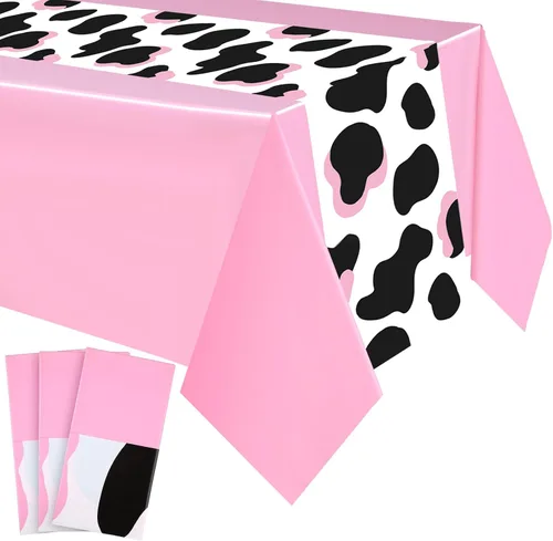 Miniatura 9 de Buryeah Mantel rectangular de plástico para mesa de vaca, 3 piezas, mantel de fiesta de granja de animales, mantel de vaca negra y blanca, mantel