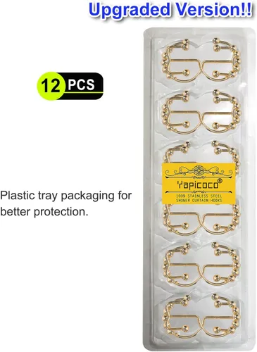 Miniatura 8 de Ganchos de cortina de ducha para baño, 12 piezas de acero inoxidable de metal resistente a la corrosión, ganchos deslizantes de doble cortina Oro