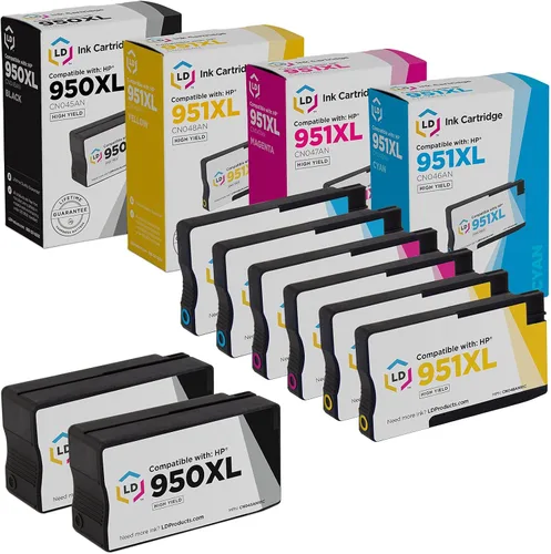 LD©. Juego de 4 cartuchos de tinta de alto rendimiento reciclados para distintos modelos de impresora HP. En colores negro, cian, magenta y amarilla.