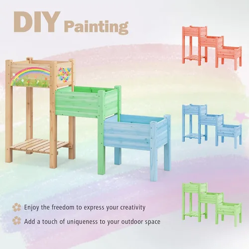 Miniatura 7 de Giantex Juego de 3 camas de jardín elevadas, jardinera de madera con estante de almacenamiento, camas elevadas para frutas, verduras, flores, Natural