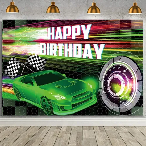 Miniatura 20 de MEHOFOND Telón de fondo negro de 7 x 5 pies, decoración de fiesta de carreras para niños, cartel de fiesta de cumpleaños con temática de auto