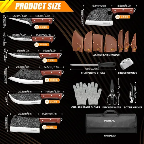 Miniatura 4 de MDHAND Juego de cuchillos de carnicero, 14 cuchillos de chef profesionales forjados a mano con bolsa de rollo, cuchillo afilado de carne y cuchillos