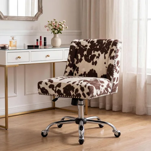 Miniatura 5 de Silla de escritorio con estampado de vaca, silla giratoria de escritorio con ruedas, silla tapizada para oficina en casa sin brazos para dormitorio