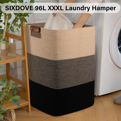 Miniatura 2 de Cesta de Ropa Sucia 96L Extra Grande Cesta de Lavandería, Cesta Tejida para Mantas, Cesta de Almacenamiento Tejida de Algodón con Asas para Sala