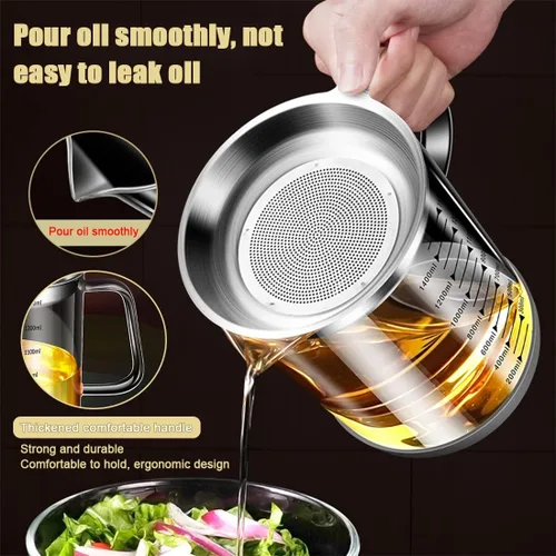 Miniatura 3 de Contenedor de grasa de tocino de vidrio de 1L/35 oz con colador, lata de almacenamiento de aceite de cocina con filtro y escala de malla fina, tapa