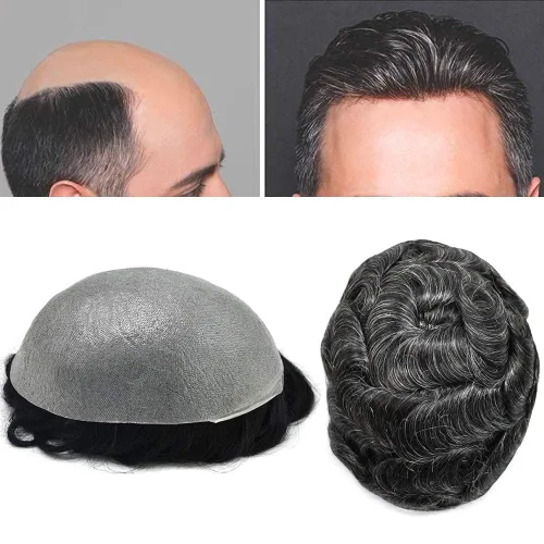 Toupee para hombres pieza de pelo 0.002 in piel ultra fina para hombre Toupee cabello humano gris sistema de reemplazo para hombres sistema de