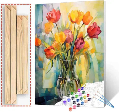 Miniatura 23 de Tucocoo Kits de pintura floral de amapola por números con pinceles y pigmento acrílico sobre lienzo para adultos, hermosos jarrones, flores, Obras
