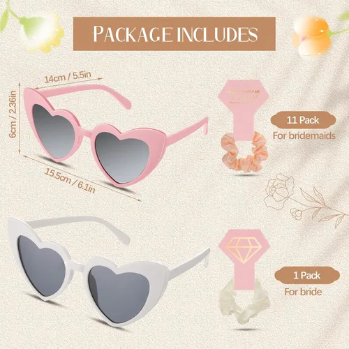 Miniatura 3 de Juego de 24 propuestas de regalo para dama de honor, 12 gafas de sol en forma de corazón, 12 coleteros de satén para el pelo para novia, boda