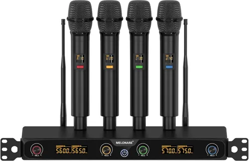 MELONARE Sistema de micrófono inalámbrico de 4 canales, juego de micrófono inalámbrico UHF para montaje en rack con 4 frecuencias de 10, rango de