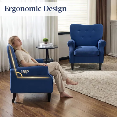 Miniatura 7 de YOLENY Silla decorativa moderna, sillón de respaldo alto, sofá individual tapizado con botones de tela con patas de madera para sala de estar, Azul