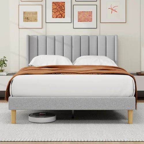 Miniatura 27 de alazyhome - Marco de cama tapizado de plataforma tamaño Queen con cabecera, soporte de listones de madera, sin ruido, fácil montaje, terciopelo beige